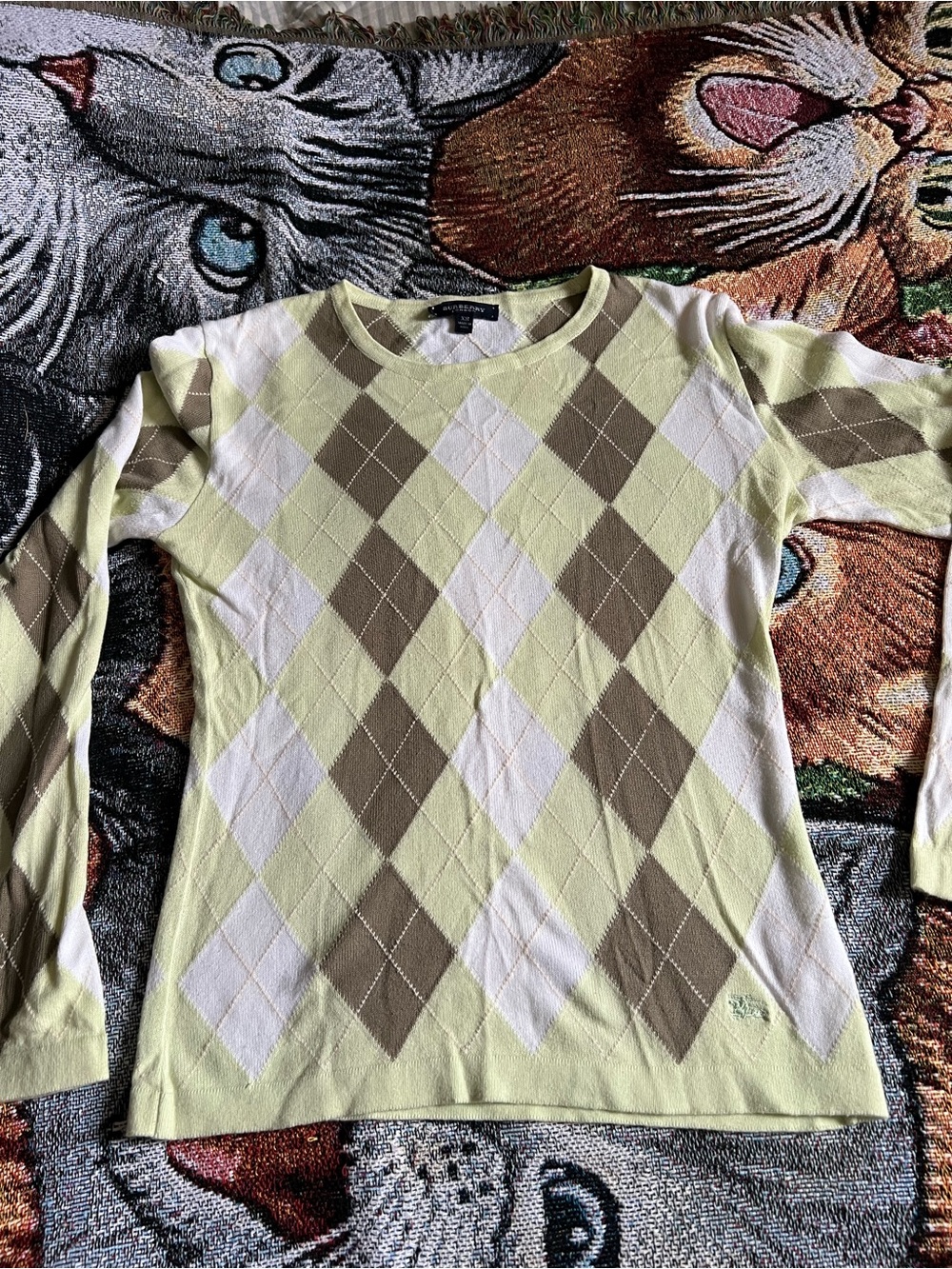 Burberry Argyle Crewneck Sweater in Light Green, Brown & White